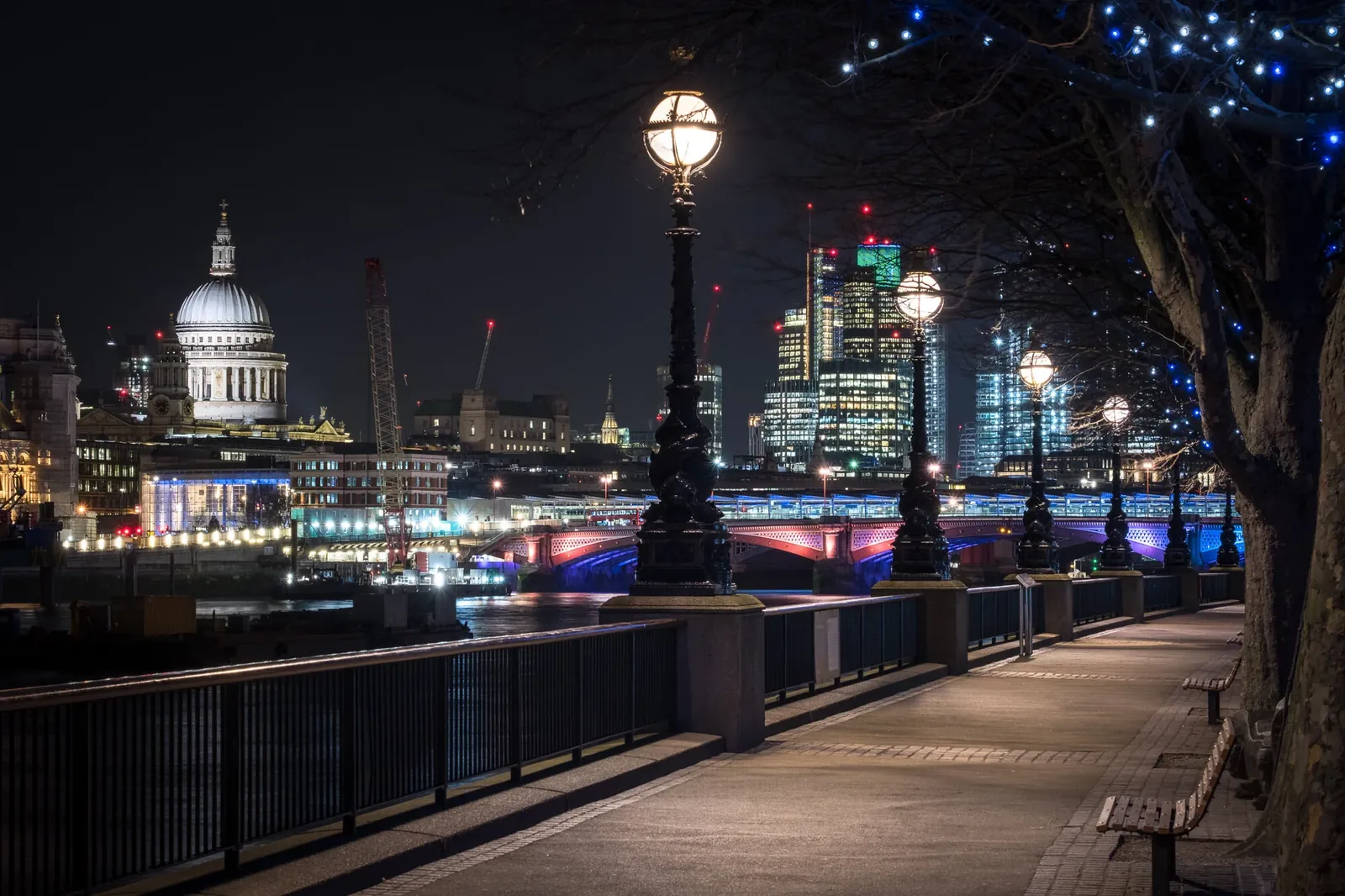 London skyline at night near the Balancers after-party venue